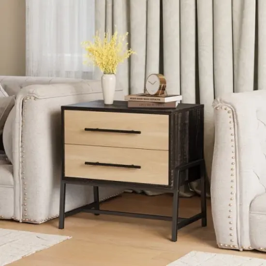 Homhougo Nightstand with 2 Drawers, Bedside Table with Storage, Wood Night Stand with Metal Legs, End Tables for Bedroom Living Room image {6}