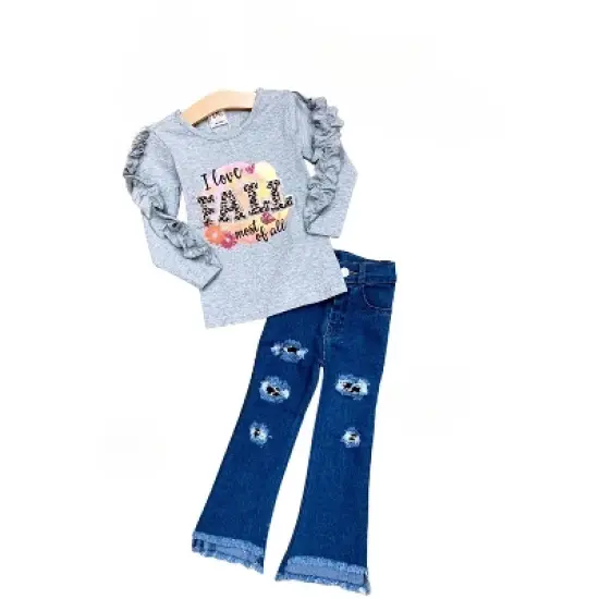 Girls I Love Fall Most Of All Patched Jeans Set - Mia Belle Girls image {1}