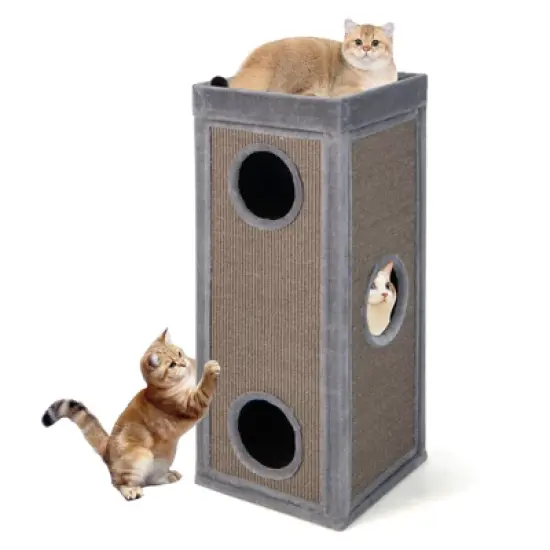 Costway 4-Story Cat House 39'' Cat Condo with Scratching Posts & 4 Soft Plush Cushions Gray/Natural image {10}