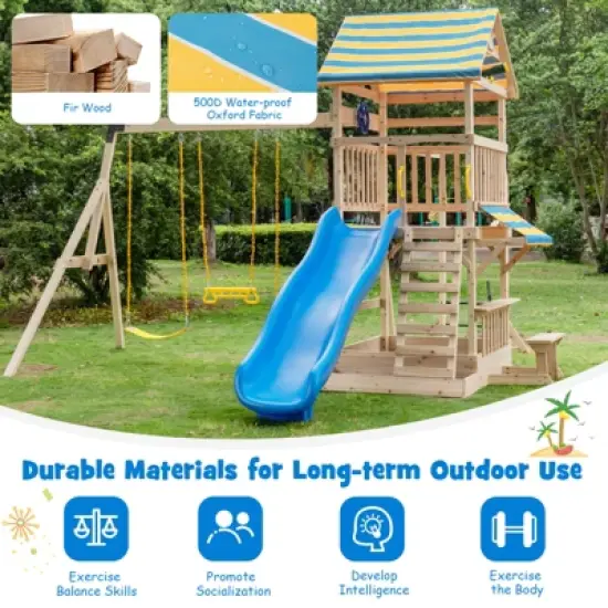 Costway Backyard Wooden Swing Set Slide Playset for Kids Outdoor Climbing Wall Sandpit image {6}