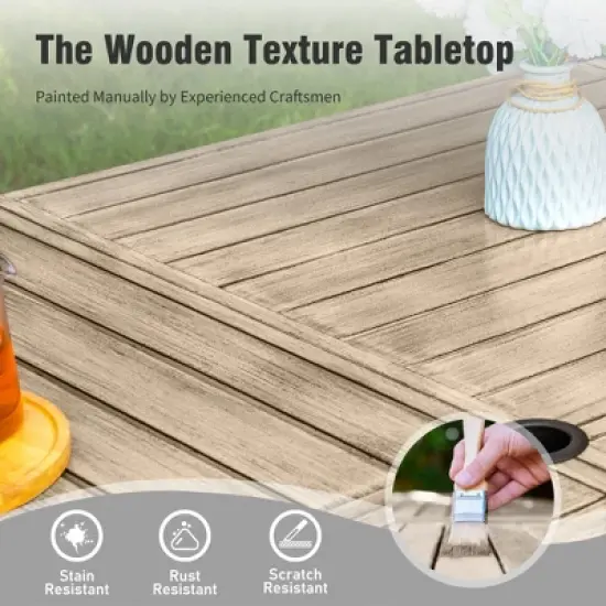 Captiva Designs 9pc Spacious Slat-top Square Metal Table with Umbrella Hole & Brown Textilene Fixed Chairs image {14}