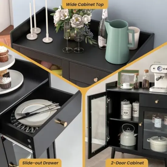 Costway Kitchen Buffet Server Sideboard Accent Cabinet with2 Tempered Glass Doors & Drawer image {5}