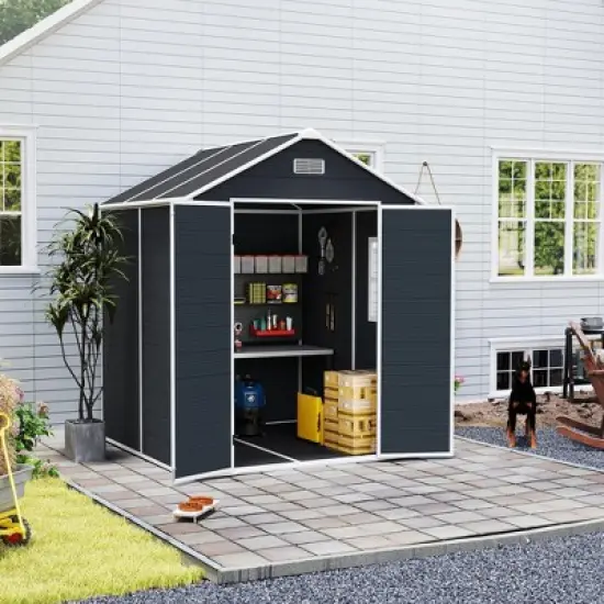 6*6ft resin storage shed, high quality pp material, rust and UV proof, large storage space, 12mm thick pp board, HD window lighting Dark gray image {7}