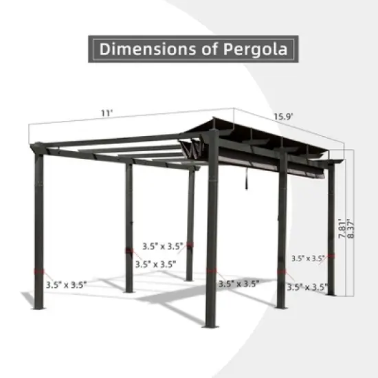 DOMETOUR 11 x 16 FT Outdoor Retractable Aluminum Pergola with Weather-Resistant Canopy, Patio Grill Gazebo for Courtyard, Dark Gray image {7}
