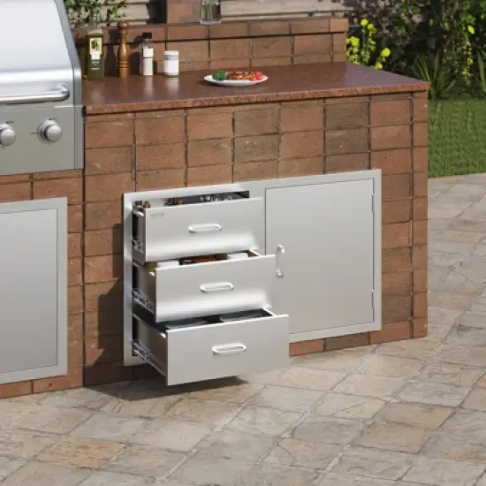 VEVOR Outdoor Kitchen Door Drawer Combo 38.1\'\'W x 22.6\'\'H x 20.8\'\'D, BBQ Access Door/Triple Drawers Combo with Stainless Steel Handles, Silver image {1}
