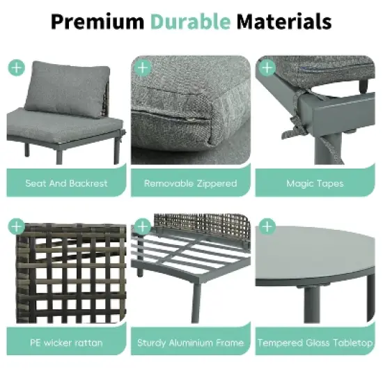 FIONECA 6-Piece Half Moon Outdoor Sectional Sofa Set with 2 Coffee Tables, Gray PE Wicker Patio Furniture with Cushions & Pillows image {4}