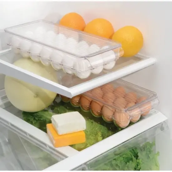 iDESIGN Plastic Egg Holder Fridge Organizer with Front Handle Clear: Kitchen Storage, 15" Depth, 6" Width, Spot Clean image {3}
