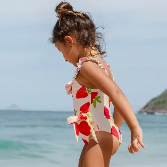 Girls' Ruffled Belted One Piece Swimsuit - Cupshe - White/Red image {1}