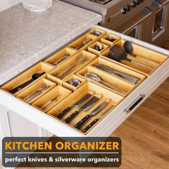 21-Piece Bamboo Drawer Organizer Set &ndash; Multi-Use Divider Bins for Kitchen, Bathroom, Office, and Makeup Storage, Natural image {3}