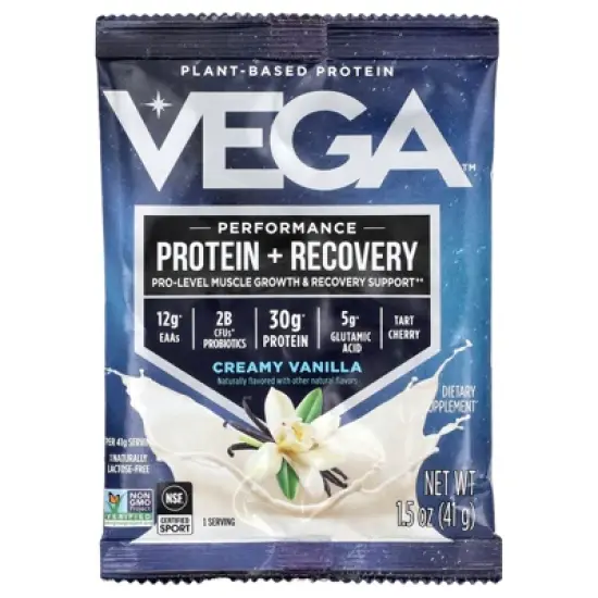 Vega Plant-Based Protein, Performance Protein + Recovery, Creamy Vanilla, 12 Packs, 1.5 oz (41 g) Each image {2}