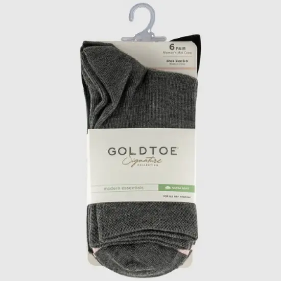Goldtoe Signature Collection Women's 6pk Modern Essentials Flat Knit Mid Crew Socks - Charcoal/Black 6-9 image {1}