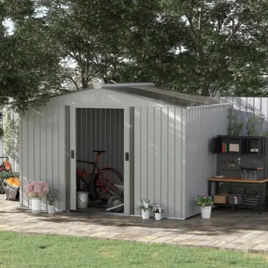Outsunny 9' x 6' Metal Storage Shed Garden Tool House with Double Sliding Doors, 4 Air Vents for Backyard, Patio, Lawn, Silver image {2}