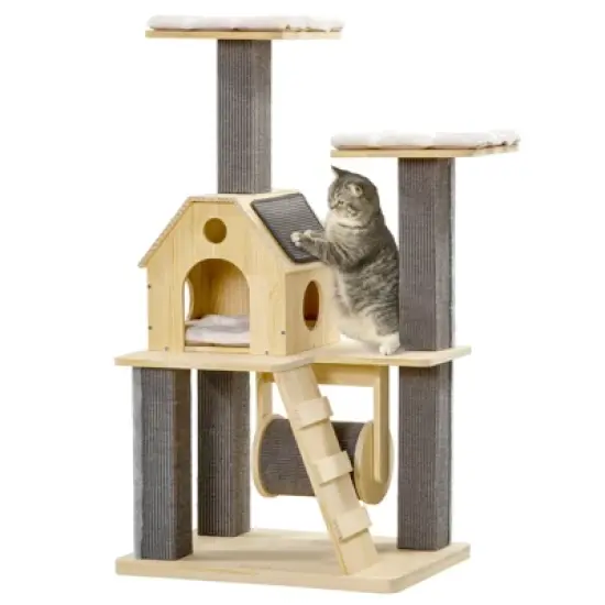 FURNIinspire Cozy-House Cat Tree for Indoor Cats with Pillow-Covered Perches, Spinning Toy, Modern Climbing Activity Cat Tower, 27.5"*19.8"*49.3" image {5}