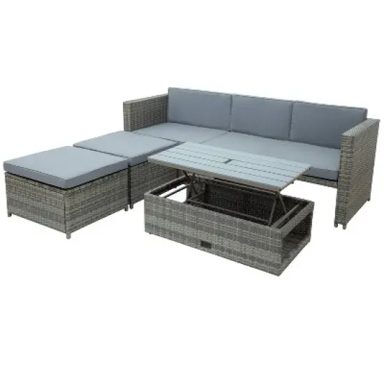 4pc Outdoor Wicker Conversation Sectional Set with Cushions - Gray - GODEER image {16}
