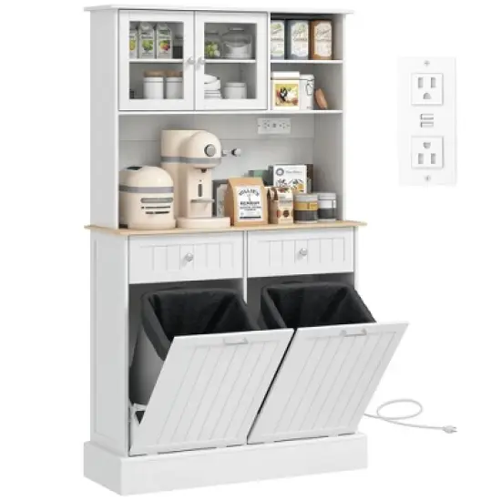 HOMCOM 68" Kitchen Pantry Cabinet with Charging Station, 2 Tilt Out Trash Cabinets and Microwave Stand, Modern Storage Cabinet image {7}