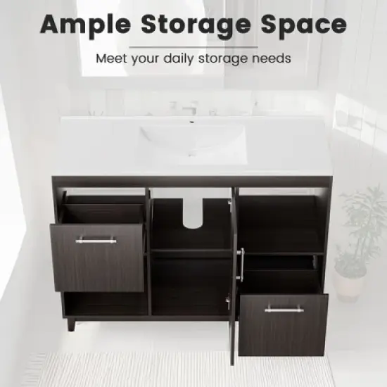 HYLEORY 48.03 in. W X 18.11 in. D X 35.04 in. H Basin Vanity with White Marble Top, Drawers and Open Shelf image {6}