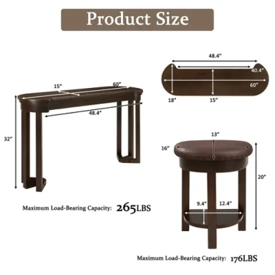 ORRD 4-Piece Bar Table Set with 3 PU Stools, Solid Wood Counter Height Dining Set for Kitchen, Living Room & Small Spaces,Espresso image {6}