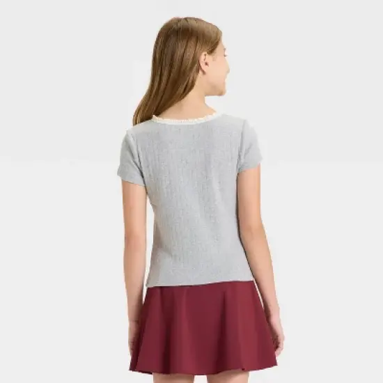 Girls' Lace Trim Short Sleeve Pointelle T-Shirt - art class&trade; image {1}