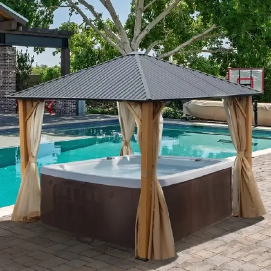 Aoodor Wood Grain Aluminum Gazebo Hardtop Black Steel Roof with Curtain&Netting image {6}