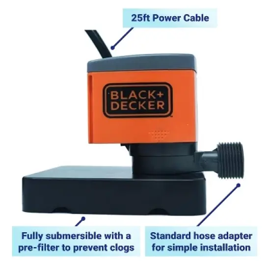 Black+Decker BD 22705BBX 350 GPH Manual Water Removal Winter Submersible Swimming Pool Cover Pump with 25 Foot Power Cord image {3}