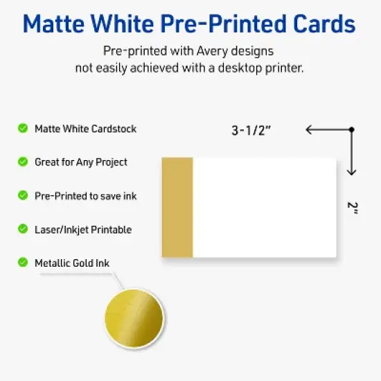 Avery&reg; Cards, 2" x 3.5", Dipped Gold Edge, Matte White, 80ct image {1}