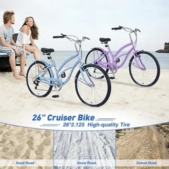 26 Inch Cruiser Bike, 7 Speed Multiple Colors Men's Women's Beach Cruiser Bike with Front and Rear V-brakes image {9}