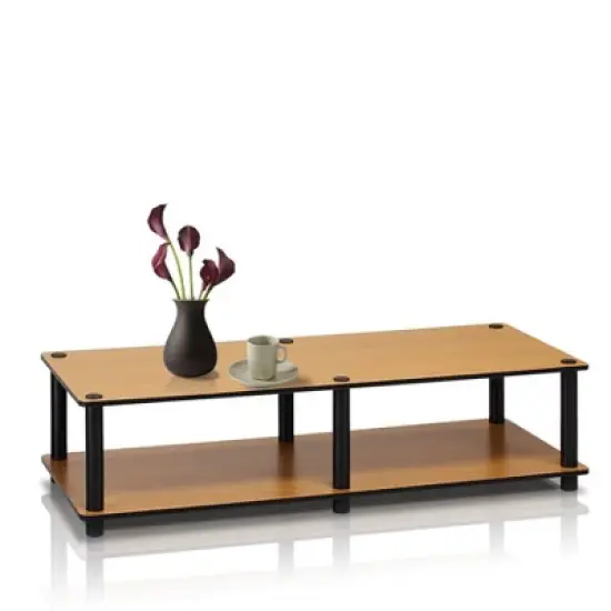 Furinno No Tools Wide TV Stand Media Entertainment Center for TVs up to 43" with Large Capacity Light Cherry Color Black Tube image {3}