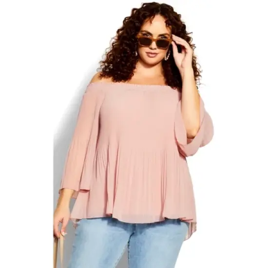 Women's Plus Size Pleated Off Shoulder Top  - Petal Pink | CITY CHIC image {3}