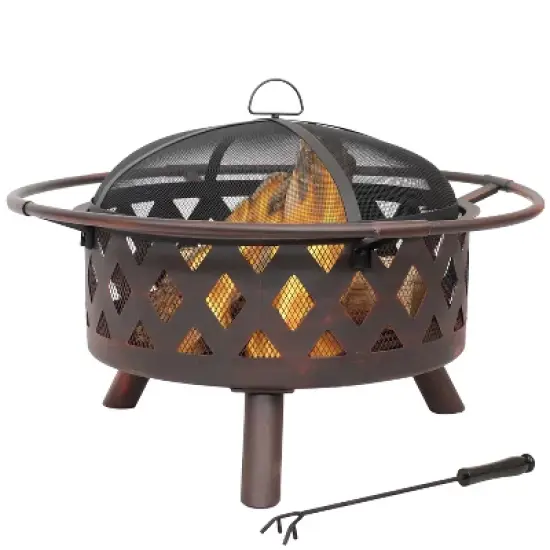 Sunnydaze Outdoor Camping or Backyard Crossweave Cut Out Fire Pit with Spark Screen, Log Poker, and Metal Wood Grate - Bronze image {8}