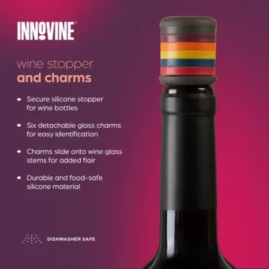 Innovine Wine Stopper & Decorative Glass Charms, Food-Safe Silicone, Fits Corked and Screw-Top Bottles, 7-Piece Set, Vibrant Colors image {1}