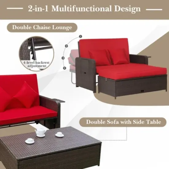 Tangkula Rattan Loveseat Set Daybed Lounge Storage Ottoman Side Tables Adjust Red Patio image {2}
