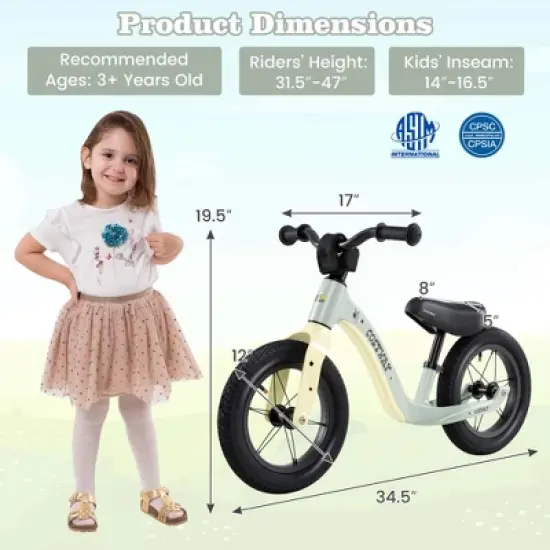 Costway 12 Inch Magnesium Toddler Balance Bike No Pedal Training Toddler Balance Bike White/Pink/Green/Red image {2}