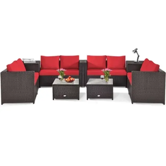 Costway 8PCS Outdoor Patio Rattan Furniture Set Cushioned Loveseat Storage Table Red\Navy image {9}
