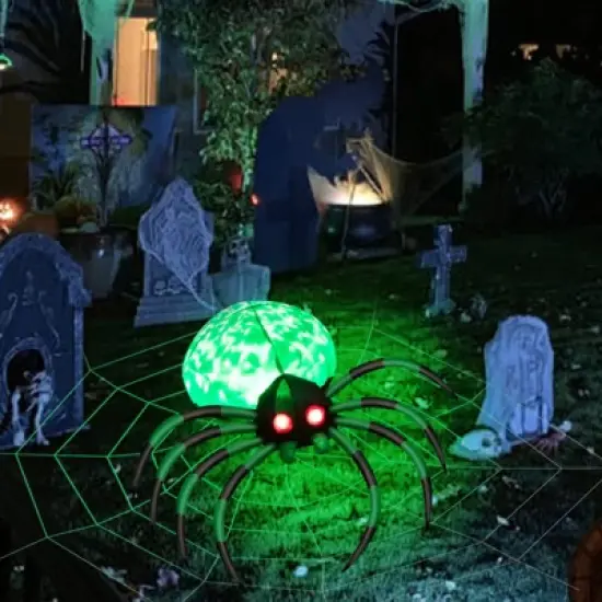 Tangkula Halloween Inflatable Spider with Cobweb Creepy Blow-up Spider with LED Rotating LED Light Green Black Legs Waterproof Halloween Decoration image {1}