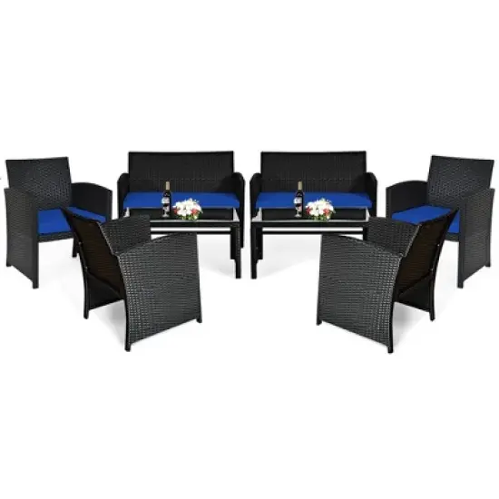 Costway 8PCS Patio Rattan Furniture Conversation Set Cushion Sofa Table Garden Turquoise\Navy\Black\Red image {2}