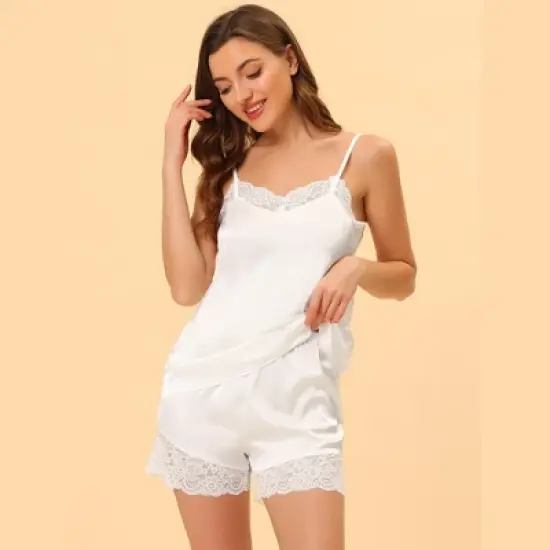 Allegra K Women's Satin Lace Trim Cami Tops with Shorts Lounge Pajama Set image {1}