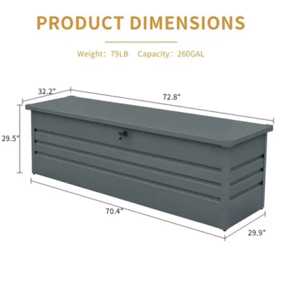 Gulches 260 Gallon Metal Outdoor Deck Box Waterproof, Large Patio Storage Box w/Lockable for Patio Cushions, Pool Accessories, Garden Tools ,Dark Gray image {2}