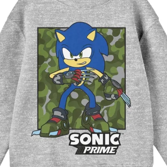 Sonic Prime Sonic On Camo Background Crew Neck Long Sleeve Athletic Heather Youth Sweatshirt image {1}