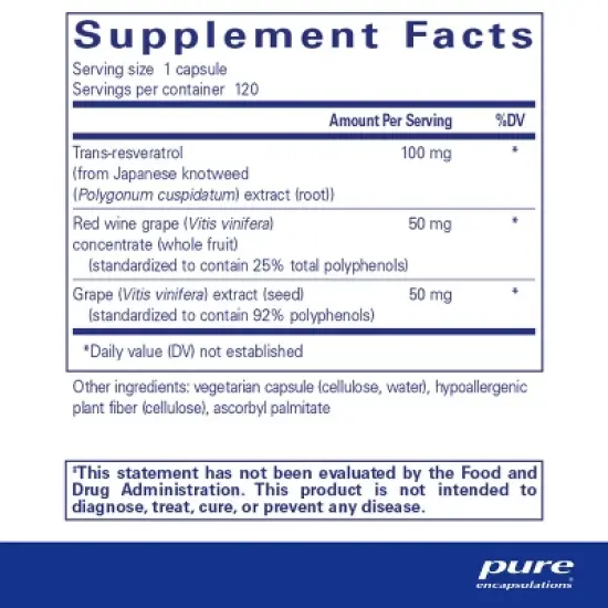 Pure Encapsulations Resveratrol EXTRA - 100 mg Trans-Resveratrol - Healthy Cellular & Cardiovascular Function* - Non-GMO & Gluten Free image {1}