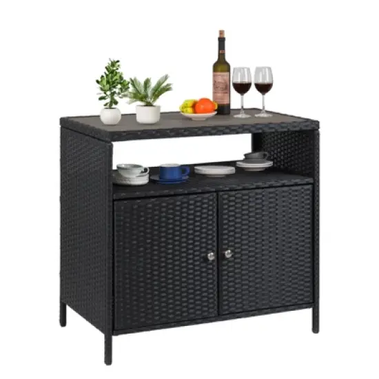 Rattan Storage Cabinet, Patio Storage Box Organizer with 2 Doors & Adjustable Shelves image {8}