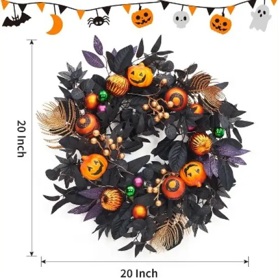 Halloween Wreath for Front Door, 20 Inch Pumpkin Wreaths with 20 LED Lights Ball Ornaments Berries, Pre Lit Halloween Decorations for Indoor Outdoor image {2}
