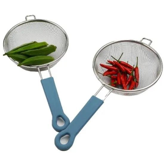 SAMMART Stainless Steel Mesh Strainer/Colander with Steel Blue Silicone Handle - Round Sieve with Wider Hoop image {1}