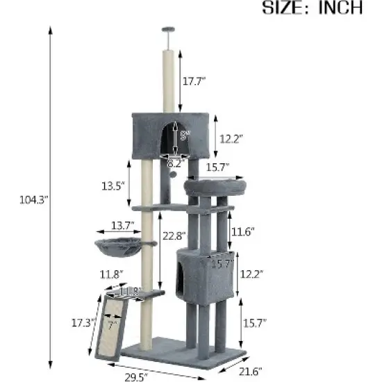Cat Tree, 105 Inches Cat Tower for Indoor Cats, Multi-Level Cat Condo with 3 Perches, 2 Caves, Basket and Scratching Board for Kittens Pet House Play image {3}