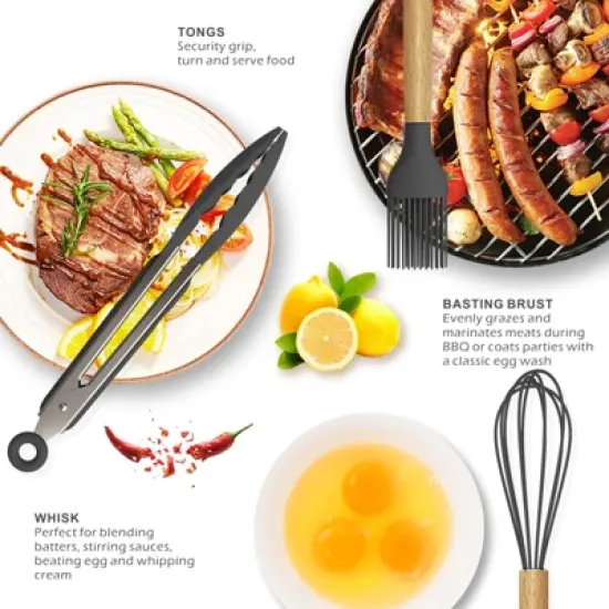 Itopfox Silicone Cooking Utensils Set - Heat Resistant Kitchen Tools with Spatula, Turner, Spoon, Brush, Whisk for Nonstick Cookware, BPA Free (Gray) image {4}