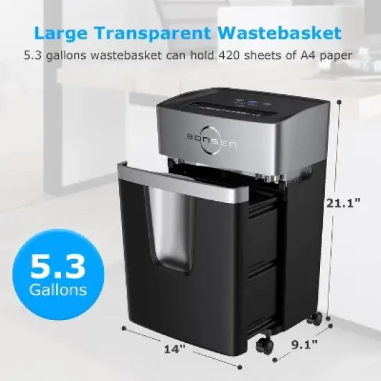 BONSEN 12-Sheet Micro Cut Paper Shredder, P-4 Security, 55dB Ultra-Quiet, 40-Min Shredding, Shreds Credit Cards/Staples, 5.3-Gal Pullout Bin image {3}