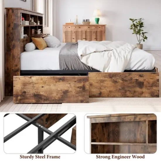 Storage Wooden Bed Frame with Bookcase Headboard and 4 Large Drawers image {5}