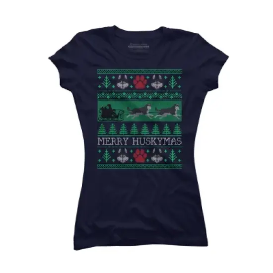 Junior's Design By Humans Christmas Siberian Husky Dog Funny Husky Ugly Christmas Sweater By pahari T-Shirt image {4}