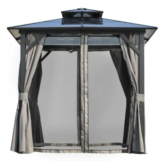 8 ft. x 8 ft. Hardtop Outdoor Gazebo, Polycarbonate Double Roof BBQ Gazebo with Aluminum Frame, Storage Hooks, Curtains image {8}