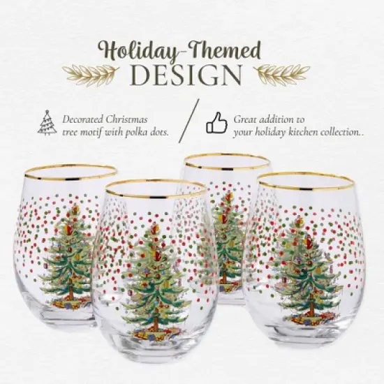 Spode Christmas Tree 19 Fl. Oz. Stemless Wineglass (Set of 4), Polka Dot - Elegant Tumblers & Decorative Wine Glasses for Holiday Entertaining image {2}