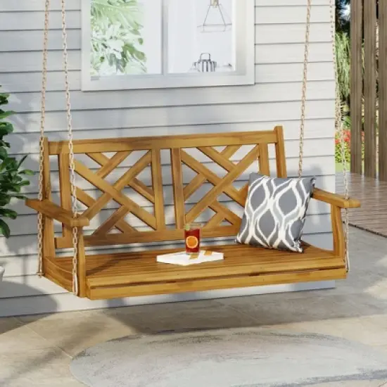 Outdoor Porch Swing Chair, Acacia Wood Swing Chair Bench With Hanging Chain, Outdoor Patio Hanging Bench Chair Furniture image {5}